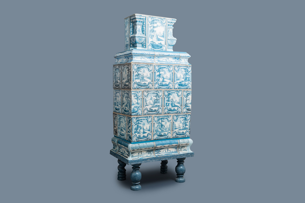 A composite stove with blue and white stove tiles, Nurnberg faience, Germany, 18th C.